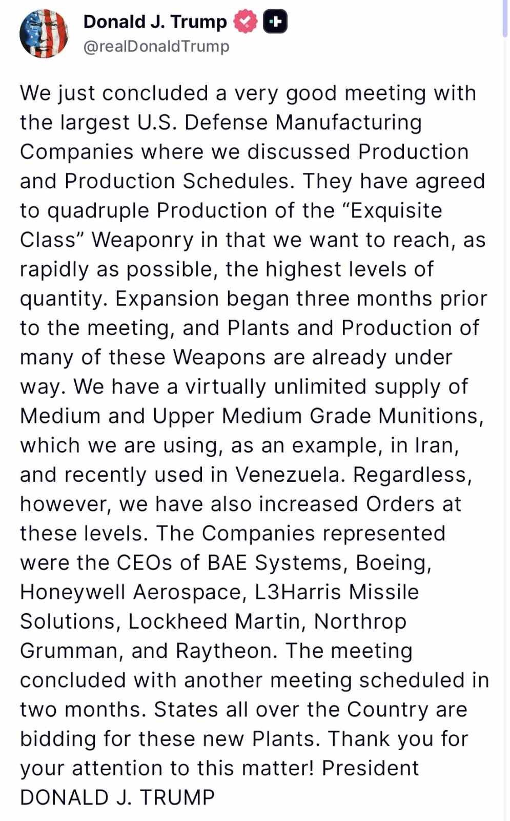 Trump, silah şirketlerinin yöneticileri ile bir araya geldi