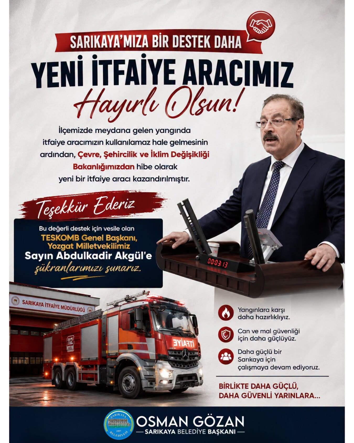Sarıkaya'ya Bakanlıktan Yeni İtfaiye Aracı