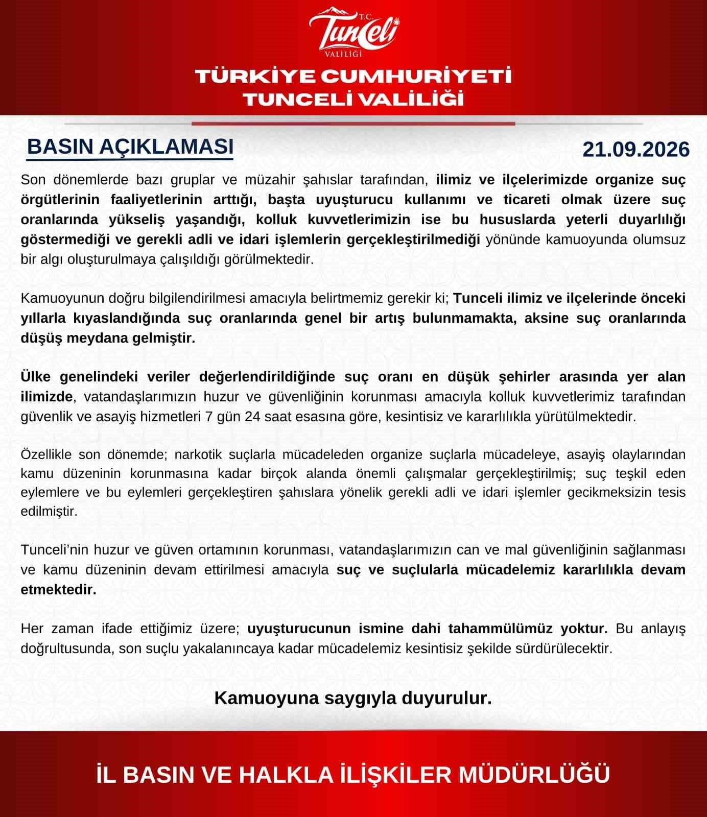 Tunceli Valiliği: 'Suç oranlarında genel bir artış yok, aksine düşüş var'