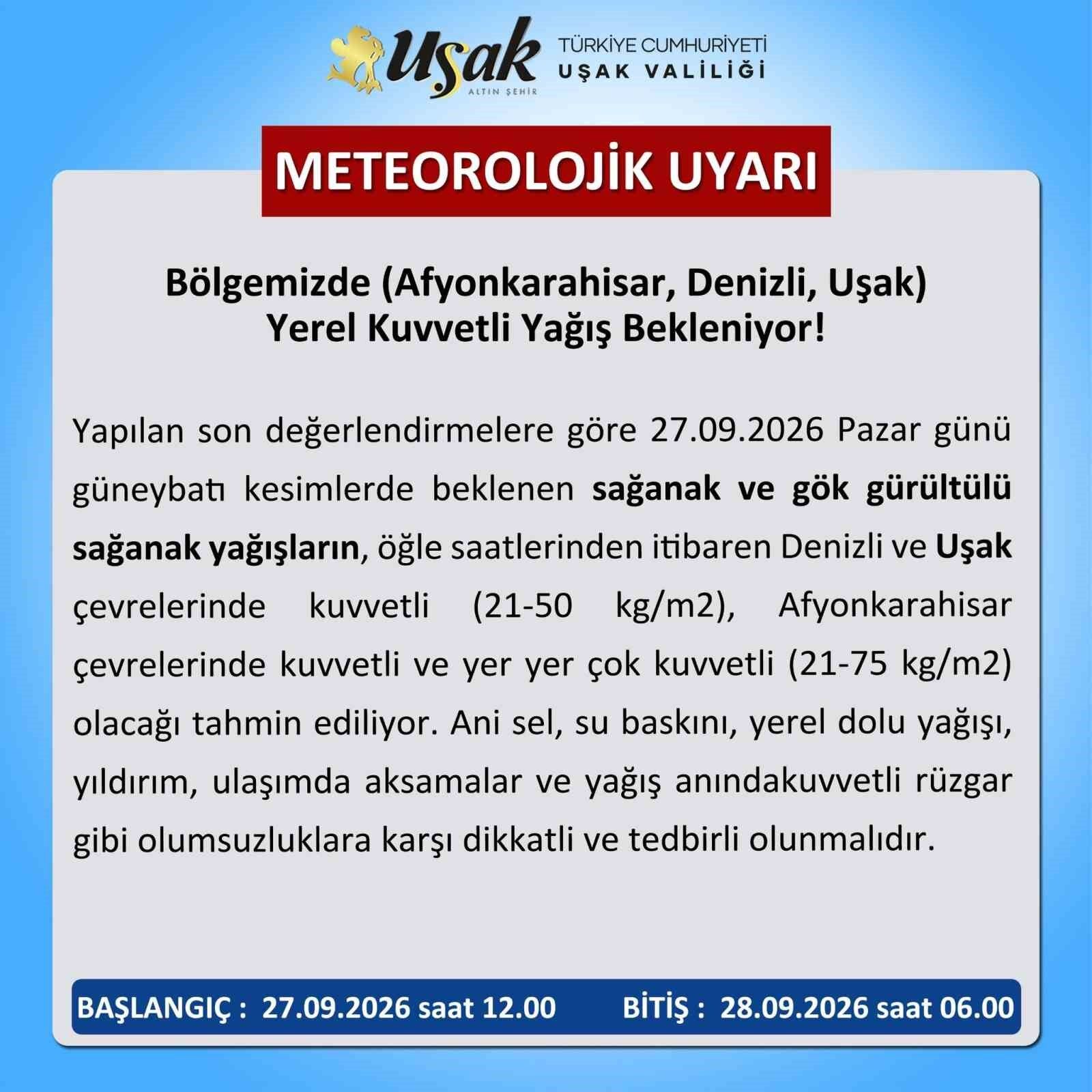 Uşak için kuvvetli sağanak yağış uyarısı