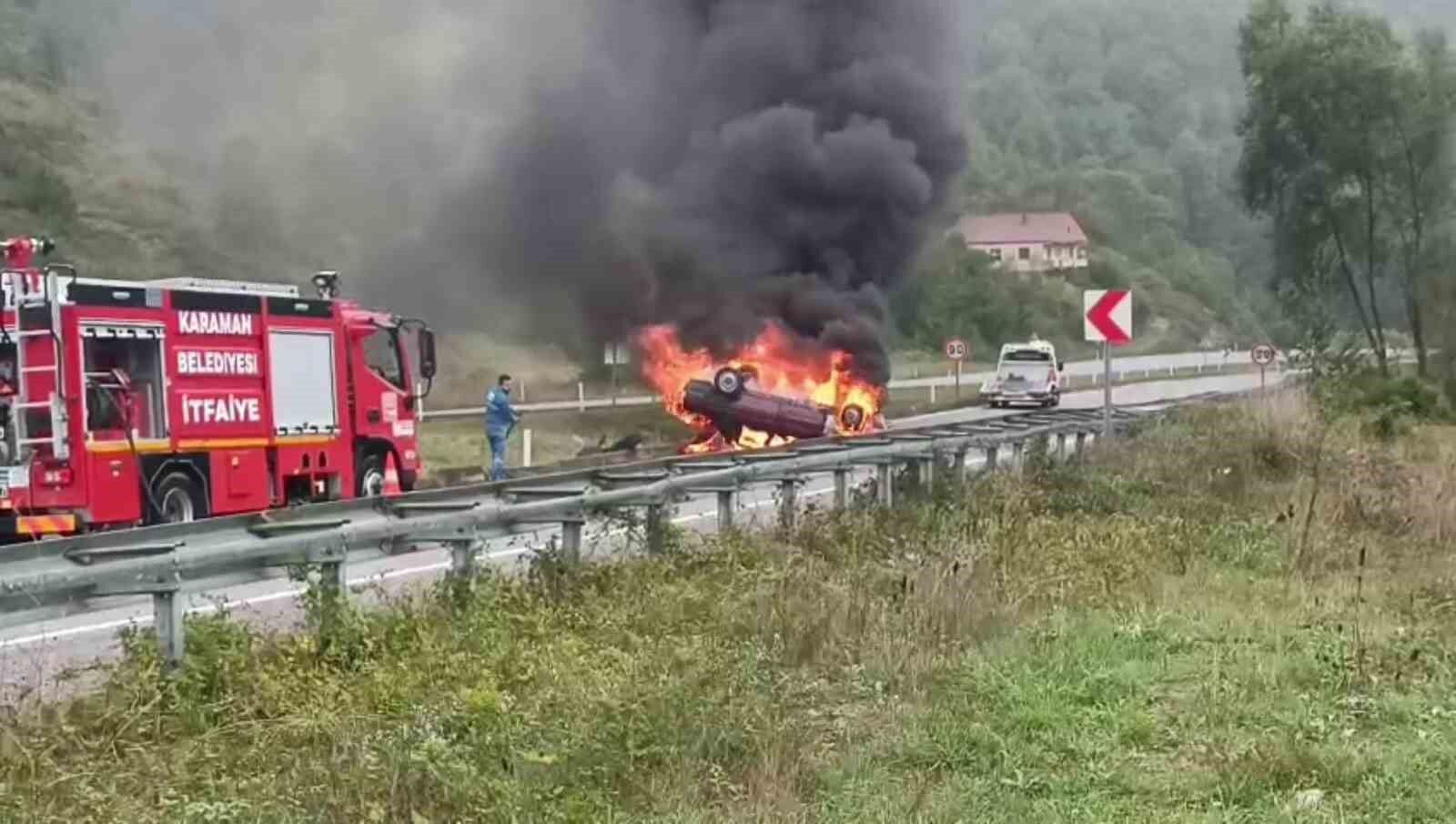Zonguldak'ta takla atan otomobil alevlere teslim oldu: 1 yaralı