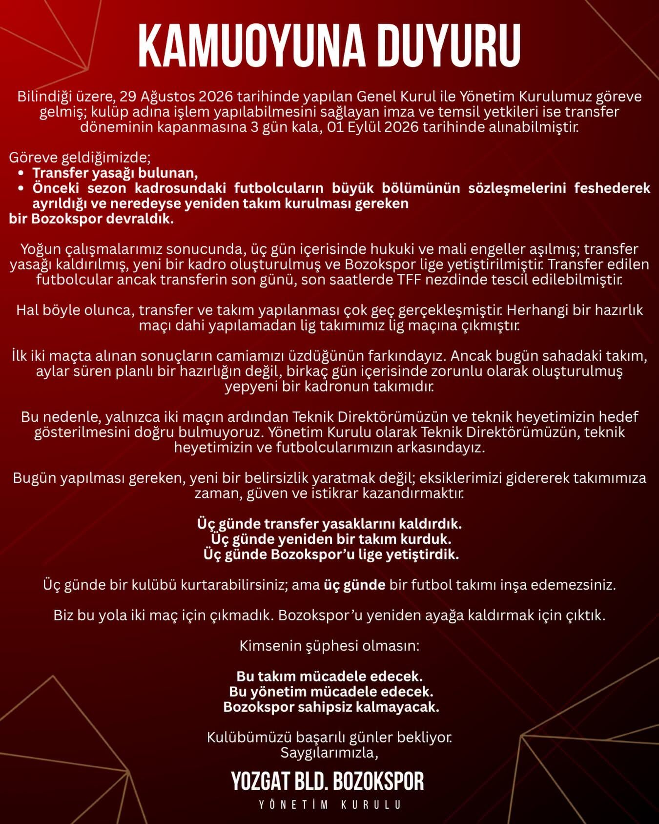 Bozokspor'dan Kamuoyuna