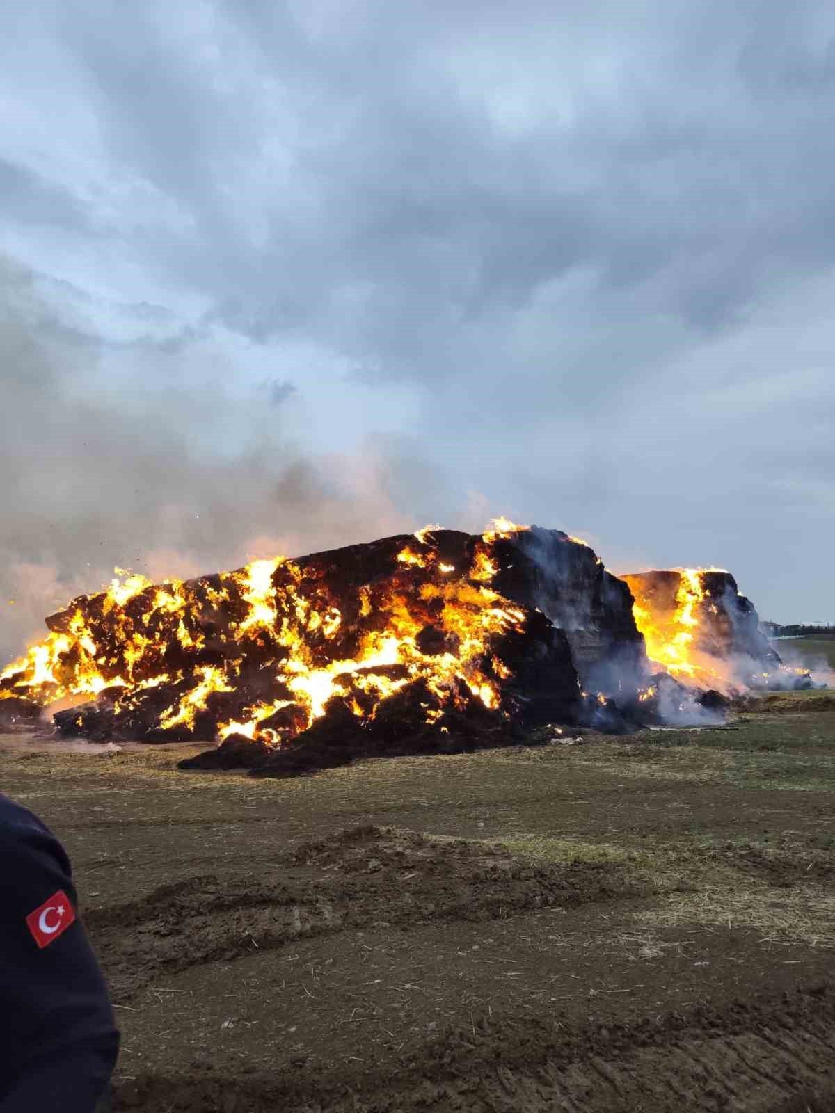 Yıldırım düştü, 500 ton saman balyası alev alev yandı